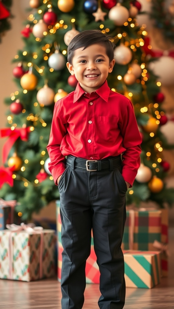 A young boy in a red shirt and black trousers, smiling in front of a Christmas tree.